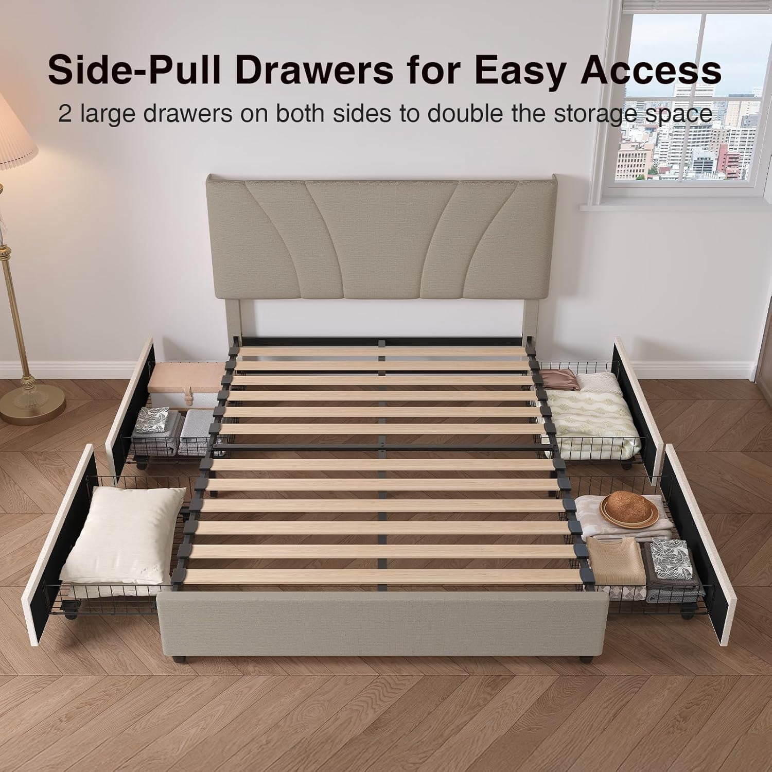 Novilla Full Size Bed Frame, Full Size Bed Frame with Headboard, Full Size Bed Frame with Storage Drawers, Full LED Bed Frame, Charging Station and Adjustable Headboard, No Box Spring Needed, Beige