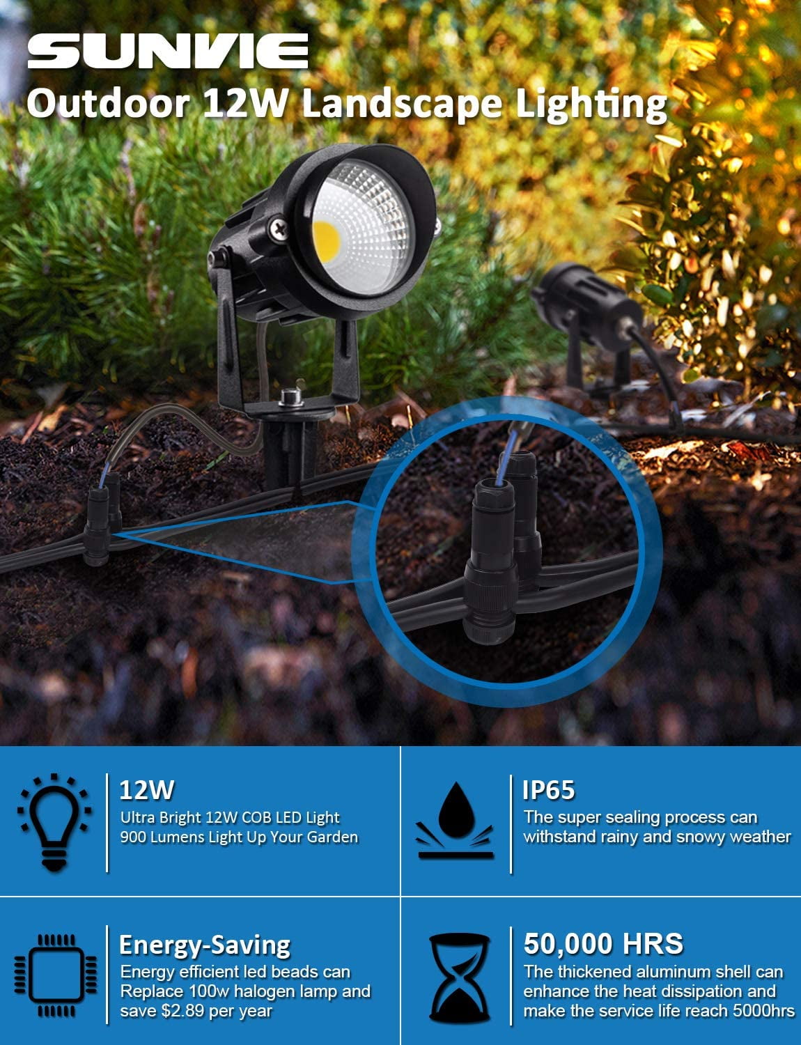 SUNVIE 12W Low Voltage LED Landscape Lights with Connectors, Outdoor Spotlights with Spike Stand