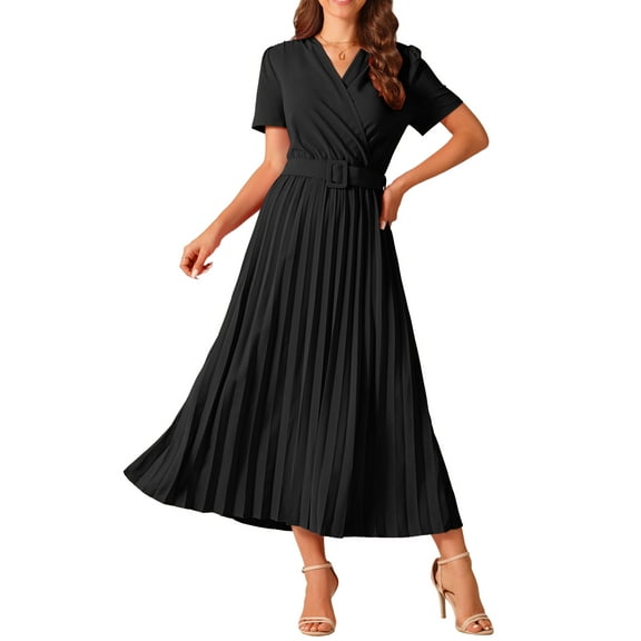 DARING DIVA Short Sleeve Wrap V Neck Flowy Pleated Midi Dress S Black
