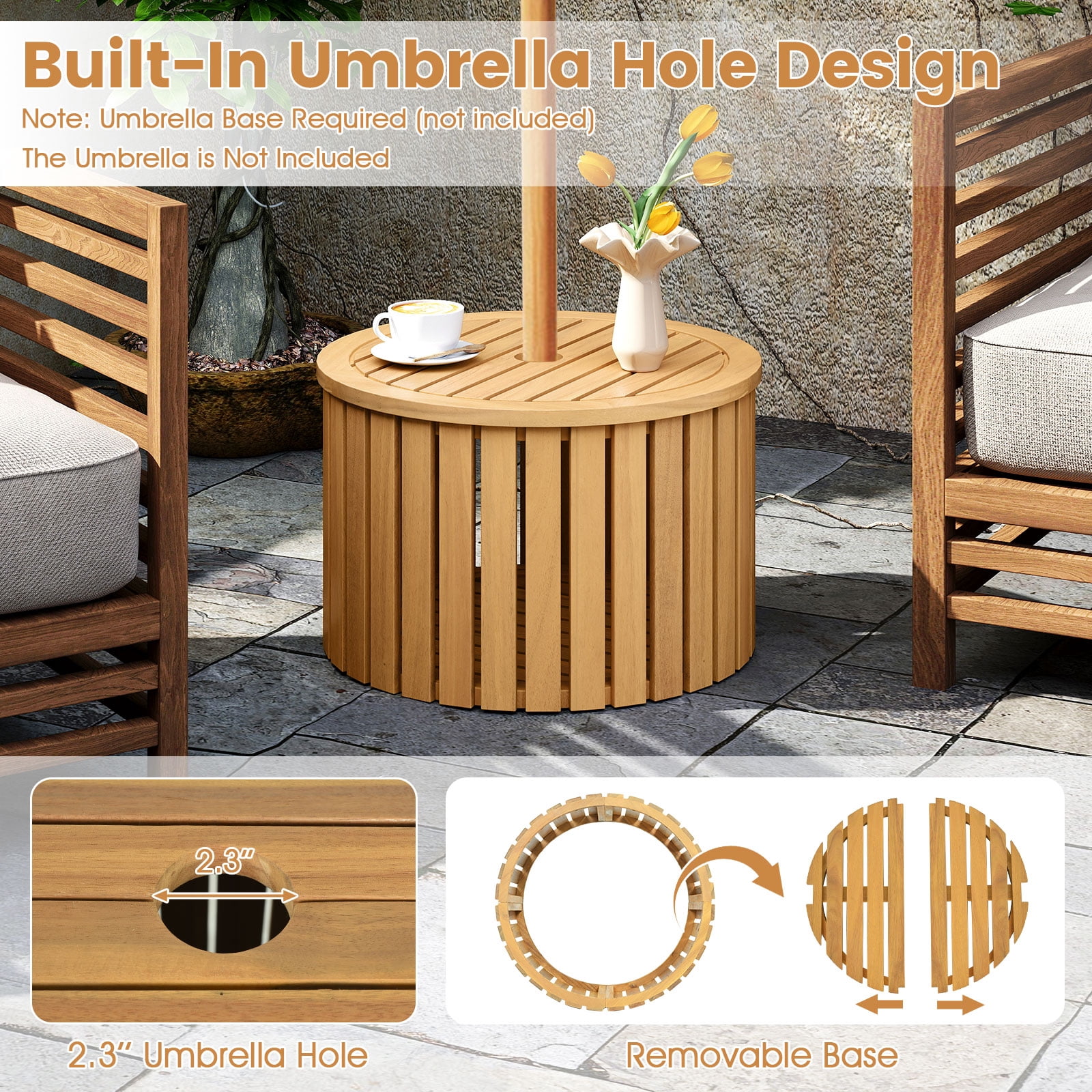 Gymax 2-in-1 Outdoor Side Table w/Storage Umbrella Hole & Removable Base for Backyard