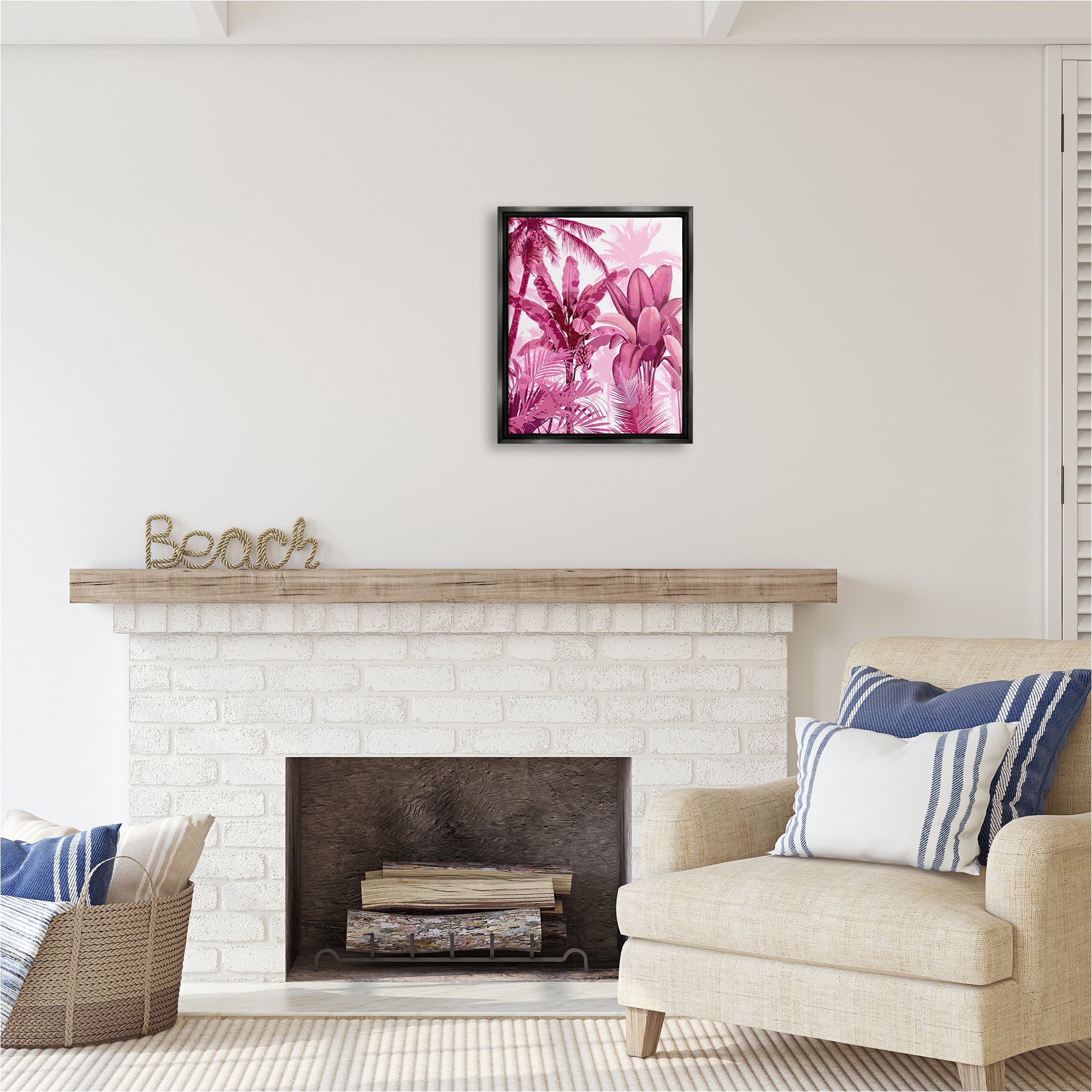 Stupell Industries Pink Tropical Palm Leaves Botanical & Floral Painting Black Floater Framed Canvas Art Print Wall Art, 17 x 21