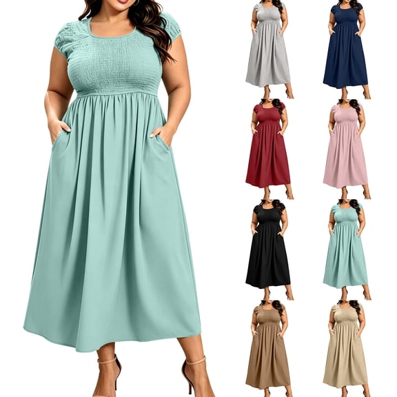 Horkkom Womens Plus Size Dresses Short Sleeve Crew Neck Solid Color Midi Dresses Loose Casual A Line Dresses, L-5XL