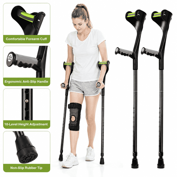 Adjustable Forearm Crutches for Adults, Lightweight Foldable Aluminum Walking Crutches with Ergonomic Handle, 10-Level Height, Anti-Drop Cuff & Non-Slip Tips (1 Pair)