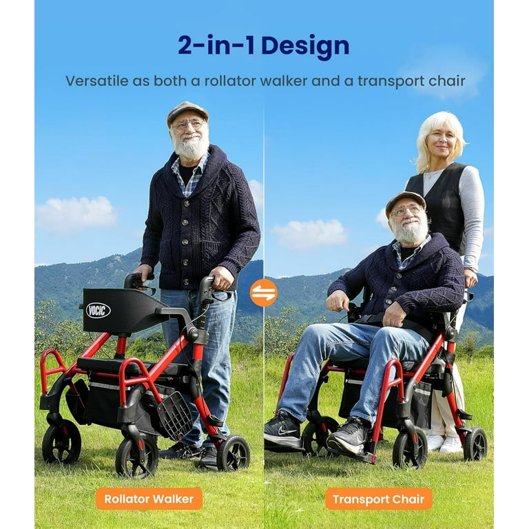 VOCIC Z55 Foldable 4-Wheel Rollator with Seat, Transport Chair