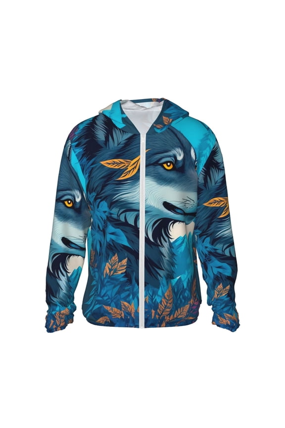 Blue Iceberg Leaf Wolf Print Women Men Sun Protection UPF 50+ Jackets Zip Up Long Sleeve Hoodie Hiking Lightweight with Pockets