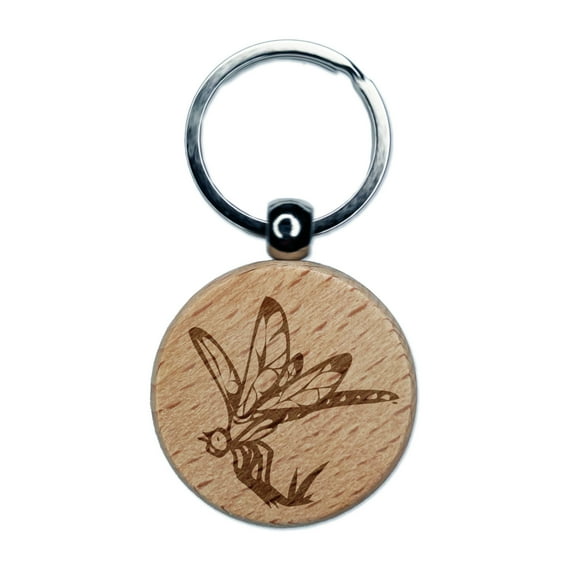 Perched Dragonfly Dasher Darner Insect Round Keychain Charm Tag - Engraved Wood