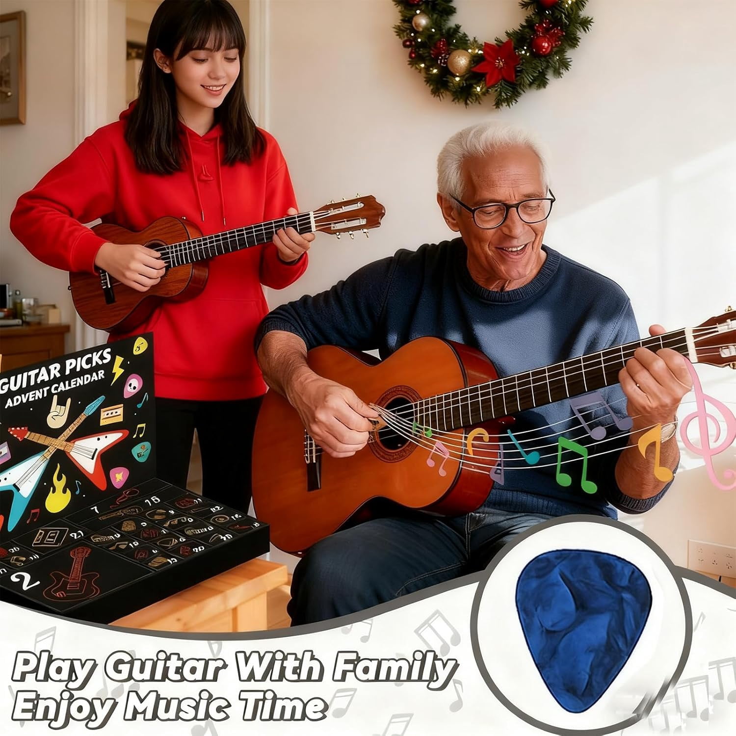 Guitar Picks Advent Calendars 2025, 24 Days Christmas Countdown Calendar With 20 Guitar Picks & Pick Case, Christmas Gift for Guitars, Bass, Ukulele Players