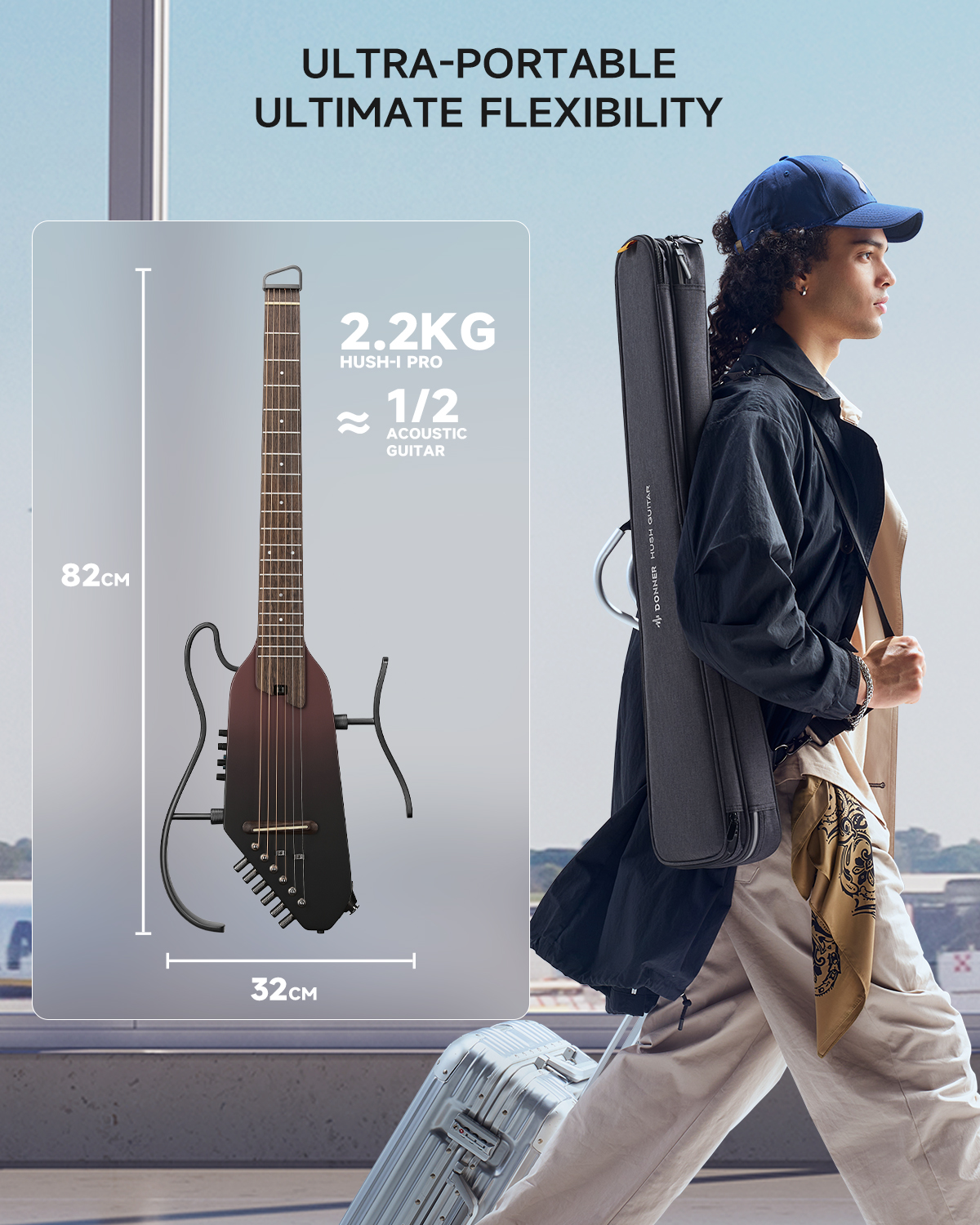 Donner Acoustic Electric Guitar HUSH I PRO Travel Guitar with Multiple Effect Modes Smart Guitarra Kit of Earphone, Gig Bag, Strap, Charging Cable, Maillard Fade
