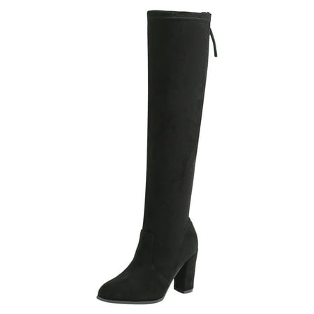 

Women Knee High Boots Fashionable New Pattern Simple Solid Color Round Toe Thick Heel Comfortable And Non Slip Zipper