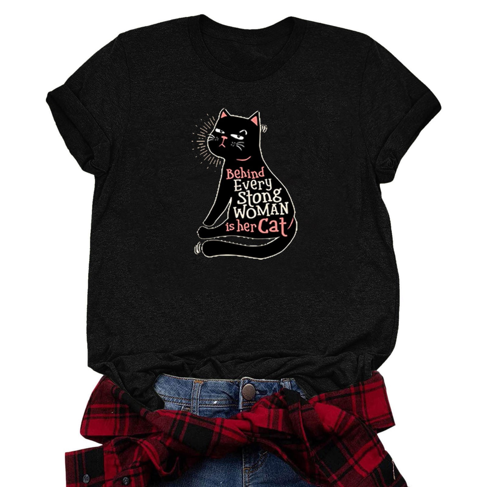 TSADFHJI Womens Tops Long Sleeve Fall Cat Print T Shirt M Grey