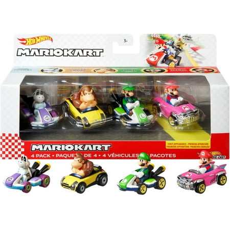 Hot Wheels Mario Kart Set of 4 Toy Character Vehicles, Includes 1 Exclusive Mario Toy (Styles May Vary)
