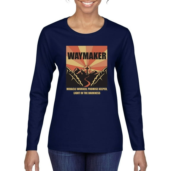 WAYMAKER Miracle Worker Promise Keeper Inspirational/Christian Womens Graphic Long Sleeve T-Shirt, Navy, Medium