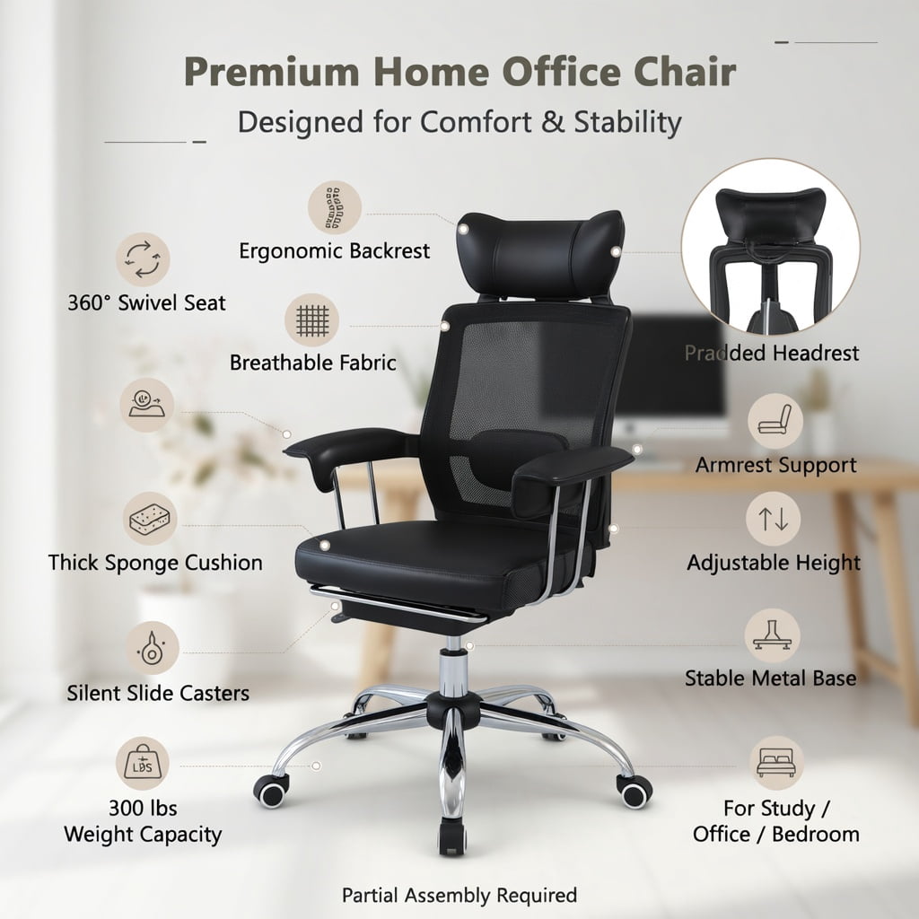 Spaco Big and Tall Executive Office Desk Chair with Footrest-Black, Home Office Computer Desk Chair, Ergonomic Office Chair for Bedroom,Study