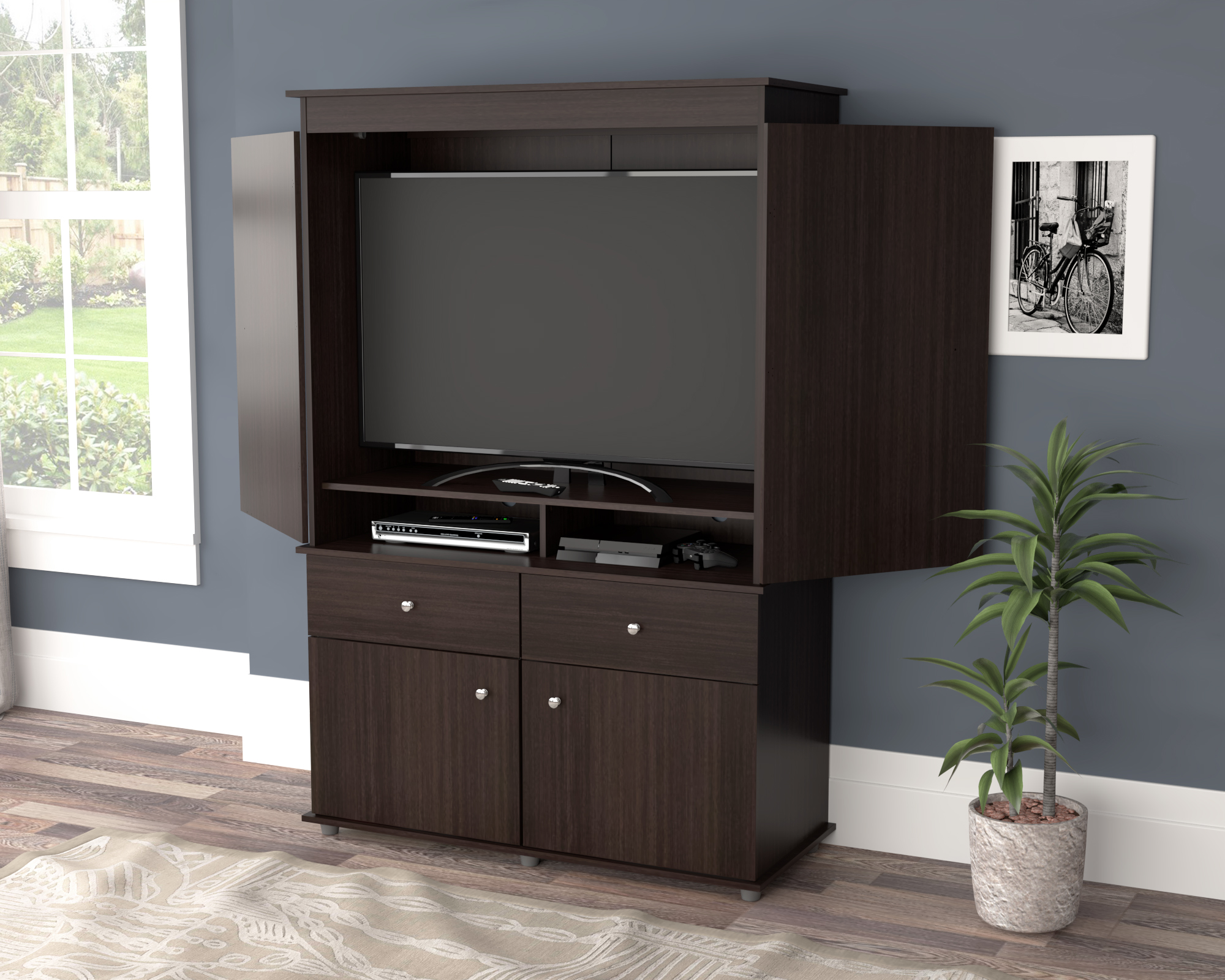 Inval 2-Drawer 4-Shelf Hanging Rod Armoire Box 2, Espresso