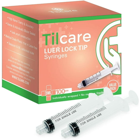 5ml Syringe Without Needle Luer Lock 100 Pack by Tilcare - Sterile Plastic Medicine Droppers for Children, Pets or Adults – Latex-Free Oral Medication Dispenser - Syringes for Glue and Epoxy