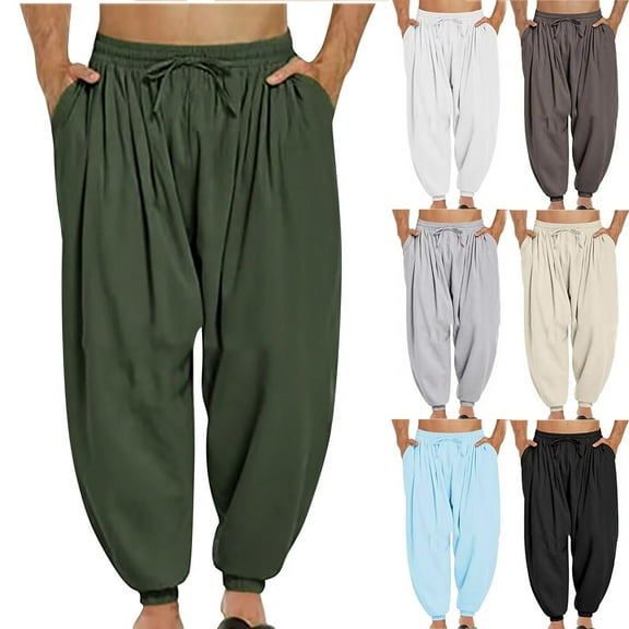 CHGBMOK Men's Harem Pants Casual Loose Drawstring Hippie Drop Crotch Trouser