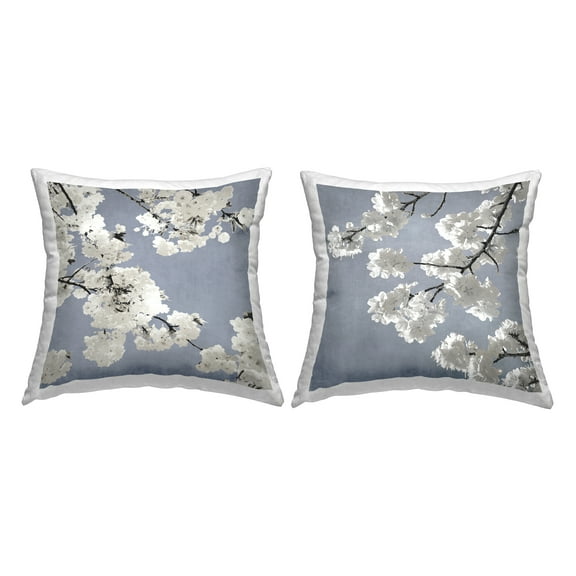Stupell Industries White Cherry Blossom Tree Branches Glam Blue, 18 x 7 x 18, Decorative Pillows, (Set of 2)