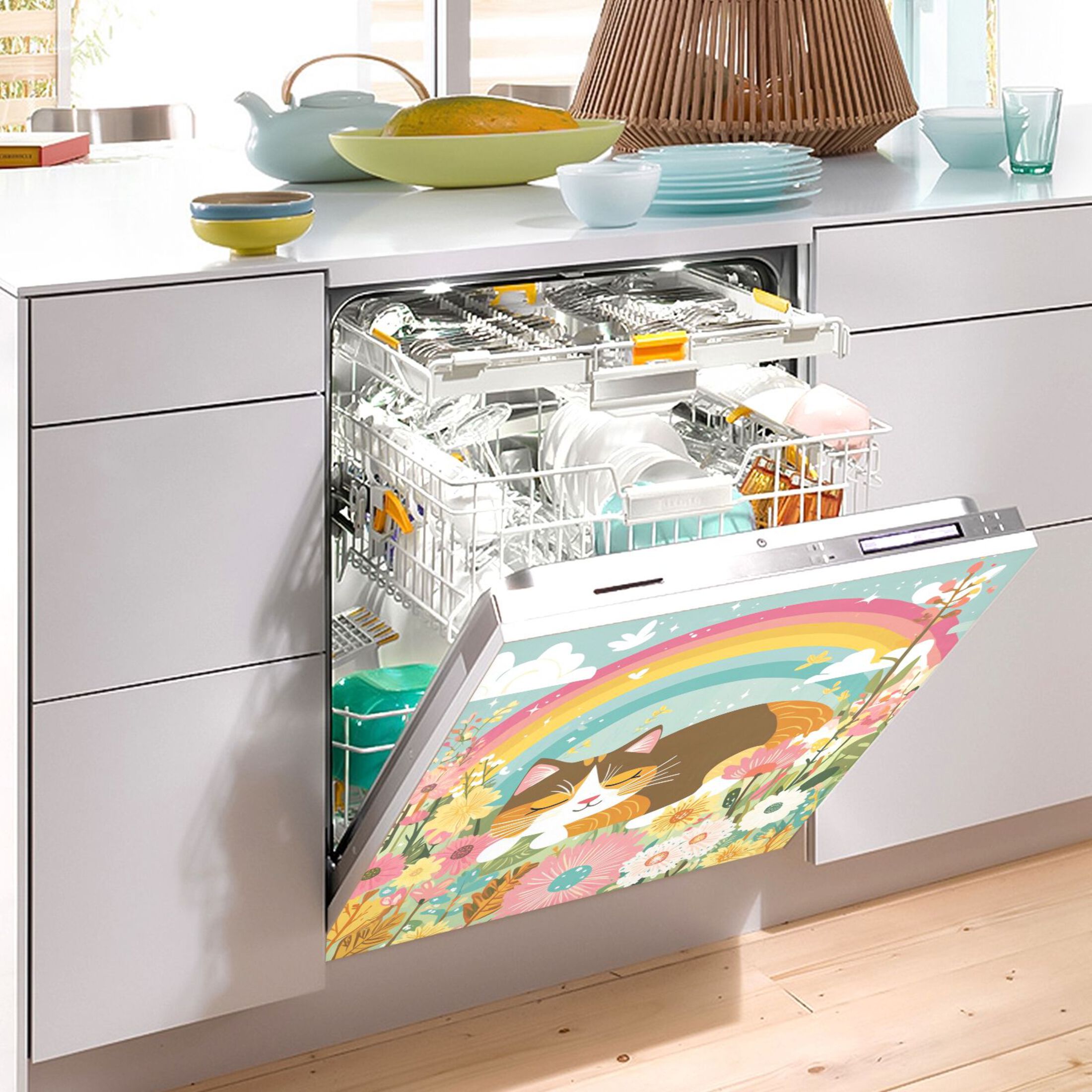 Dishwasher Magnetic Sticker 23x26 Inch Refrigerator Magnetic Sticker Washing Machine Magnetic Sticker Kitchen Panel Magnetic Sticker Home Decor Sleeping Rainbow Cat