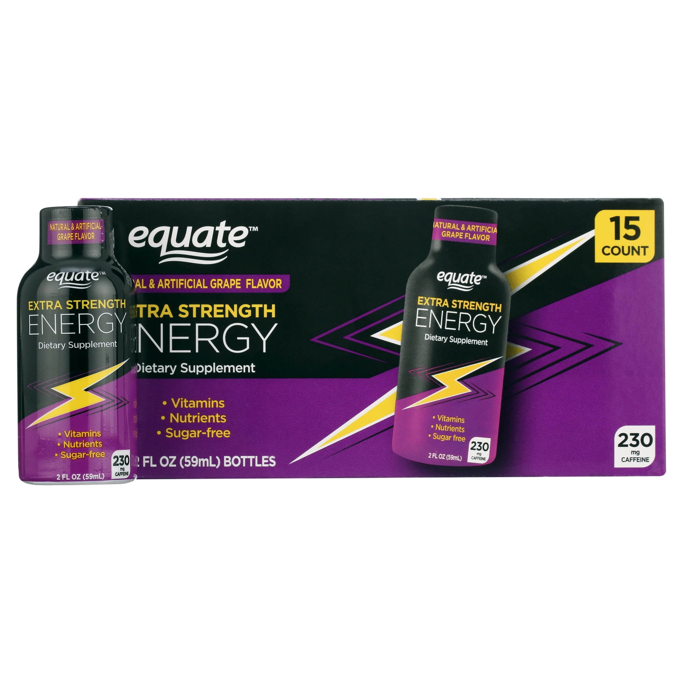 (4 pack) Equate Extra Strength Energy Dietary Supplement, Caffeine 230mg, Grape Flavor, 15 Pack