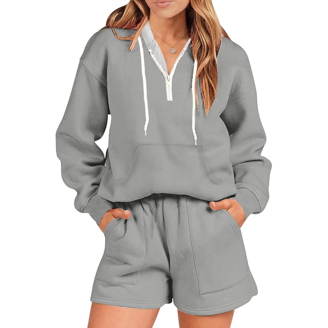 Hot Selling Sportswear For Women Hooded Shorts Set Home Two-Piece Set B-Gray Xxl