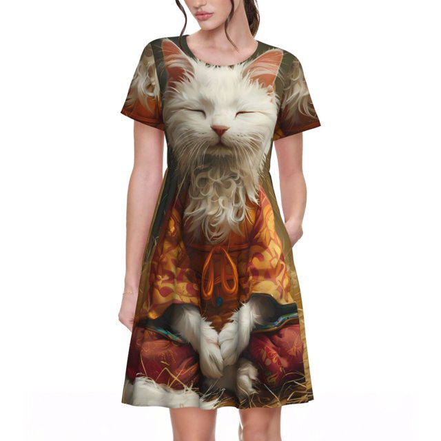 Disketp Haystack Meditating Cat para Vestido de Manga Corta para Mujeres, Vestidos de Verano para Mujeres, Casual y Holgado para la Playa