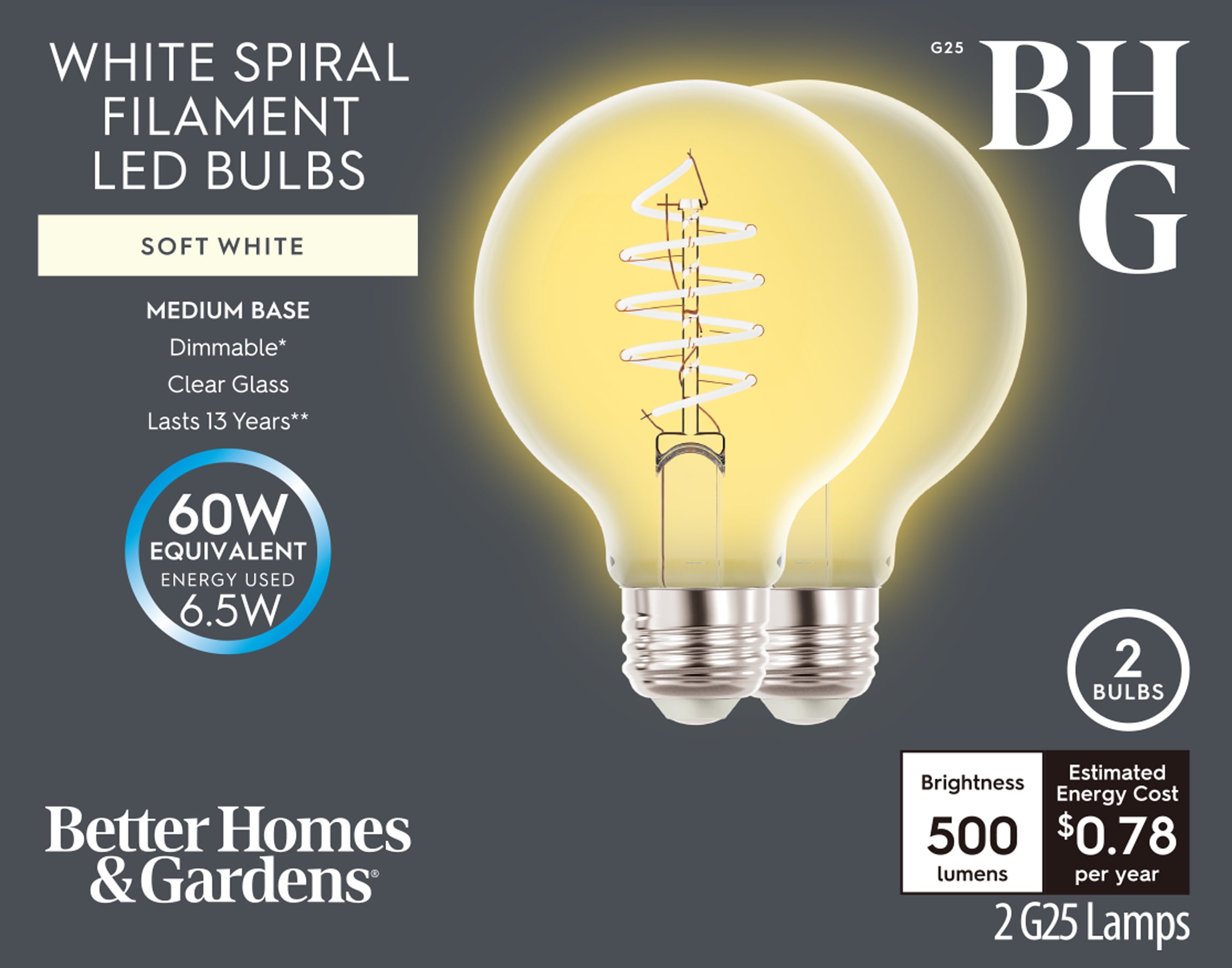 (2 pack) Better Homes & Gardens 6.5W (60W Equivalent) Soft White Dimmable G25 White Filament Light Bulbs, E26 Base, 2 Pack