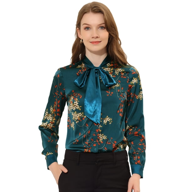 Blusa de satén de manga larga con cuello anudado en contraste floral para mujer Azul marino XS
