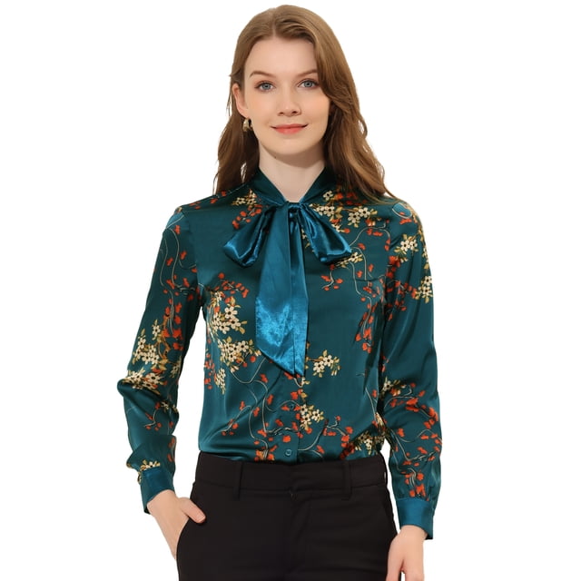 Blusa de satén de manga larga con cuello anudado en contraste floral para mujer Azul marino XS