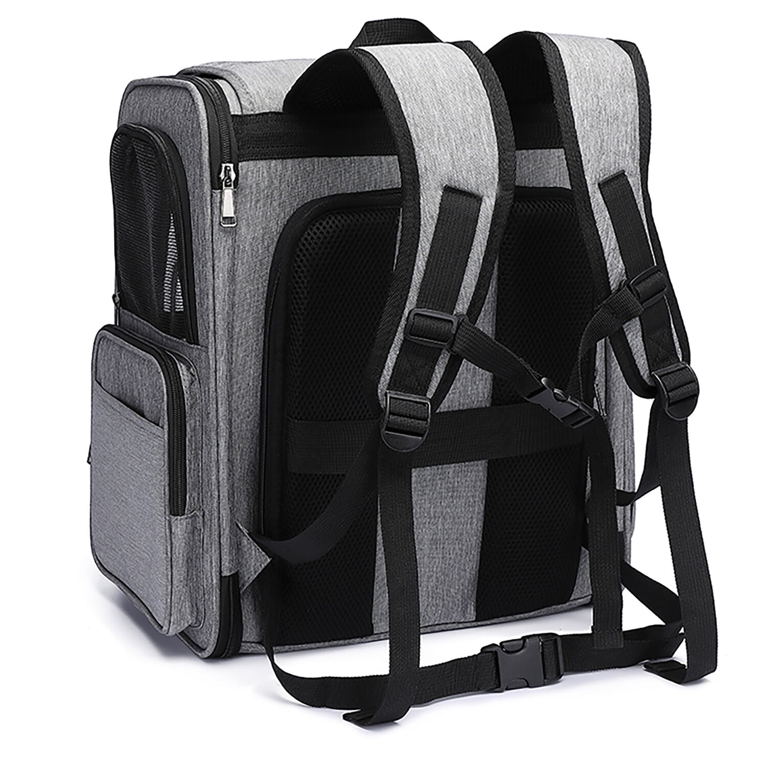 Critter Sitters Grey Pet Backpack for Small Dogs Cats with Scratch Resistant Breathable Mesh Windows Airline Carry On Approved Safety Leash