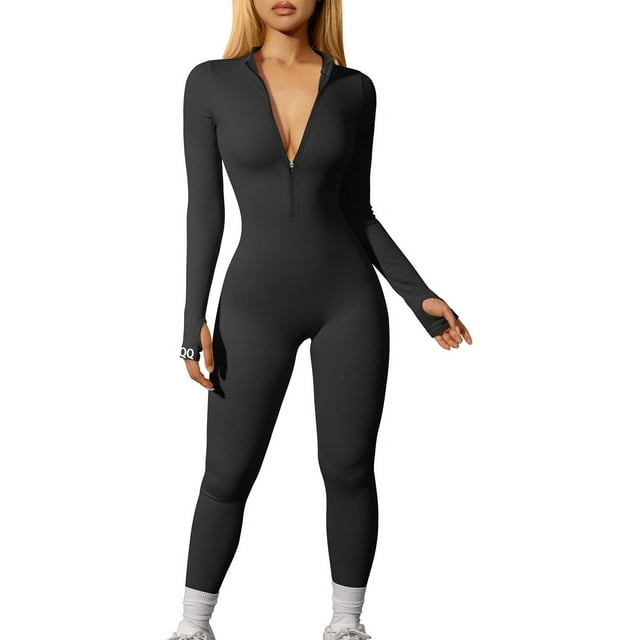 Women Yoga Jumpsuits Workout Ribbed Long Sleeve Zip Front Sport Jumpsuits