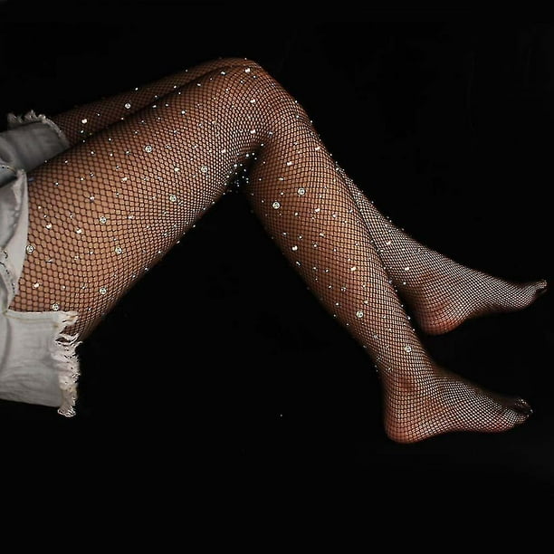 Women Sexy Hollow Out Fishnet Pantyhose Glitter Rhinestone Diamond  Embellished Slim Mesh Tights See-through Net Stockings Party Clubwear 