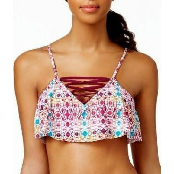 Hula Honey WINE Printed Strappy Flounce Bralette Bikini Swim Top, US Medium