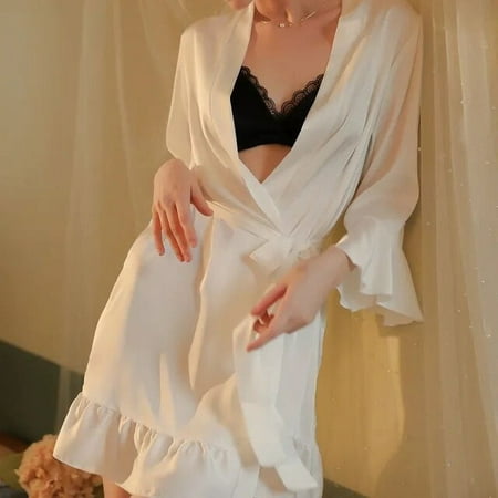 Municipal Long Robe Lingerie For Women Autumn Winter Silk Ruffled Lantern Sleeves Sleepwear Ice Silk Bathrobe Plus-size Nightdress Robe