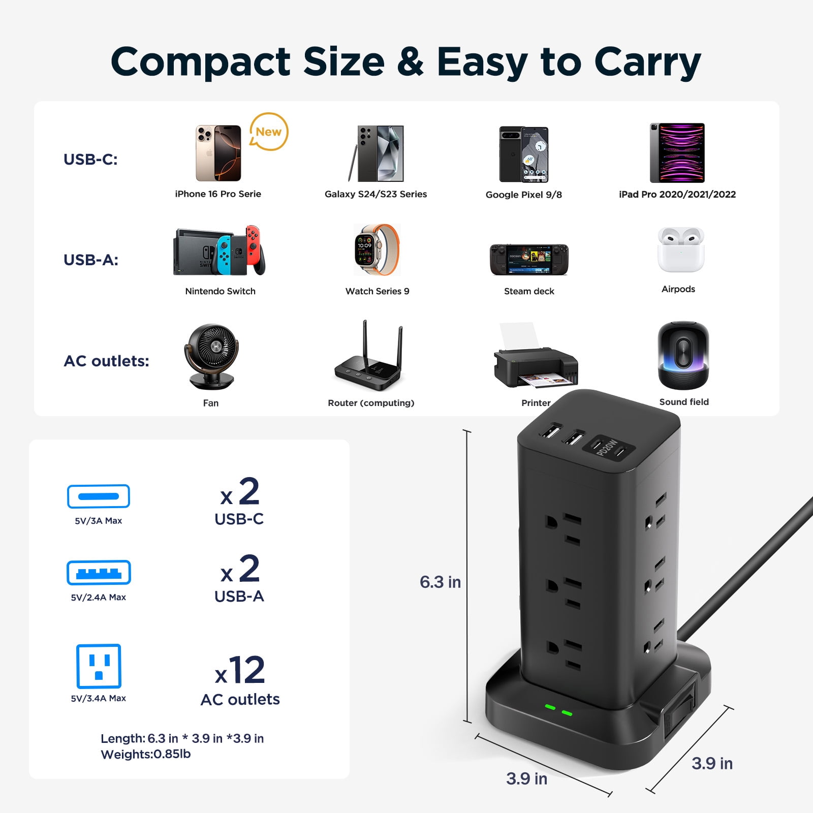 Aioneus Power Strip Tower Surge Protector with 12 Outlets and 4 USB (2 USB C + 2 USB A Ports) 6 FT Extension Cord, Black (2Pack)