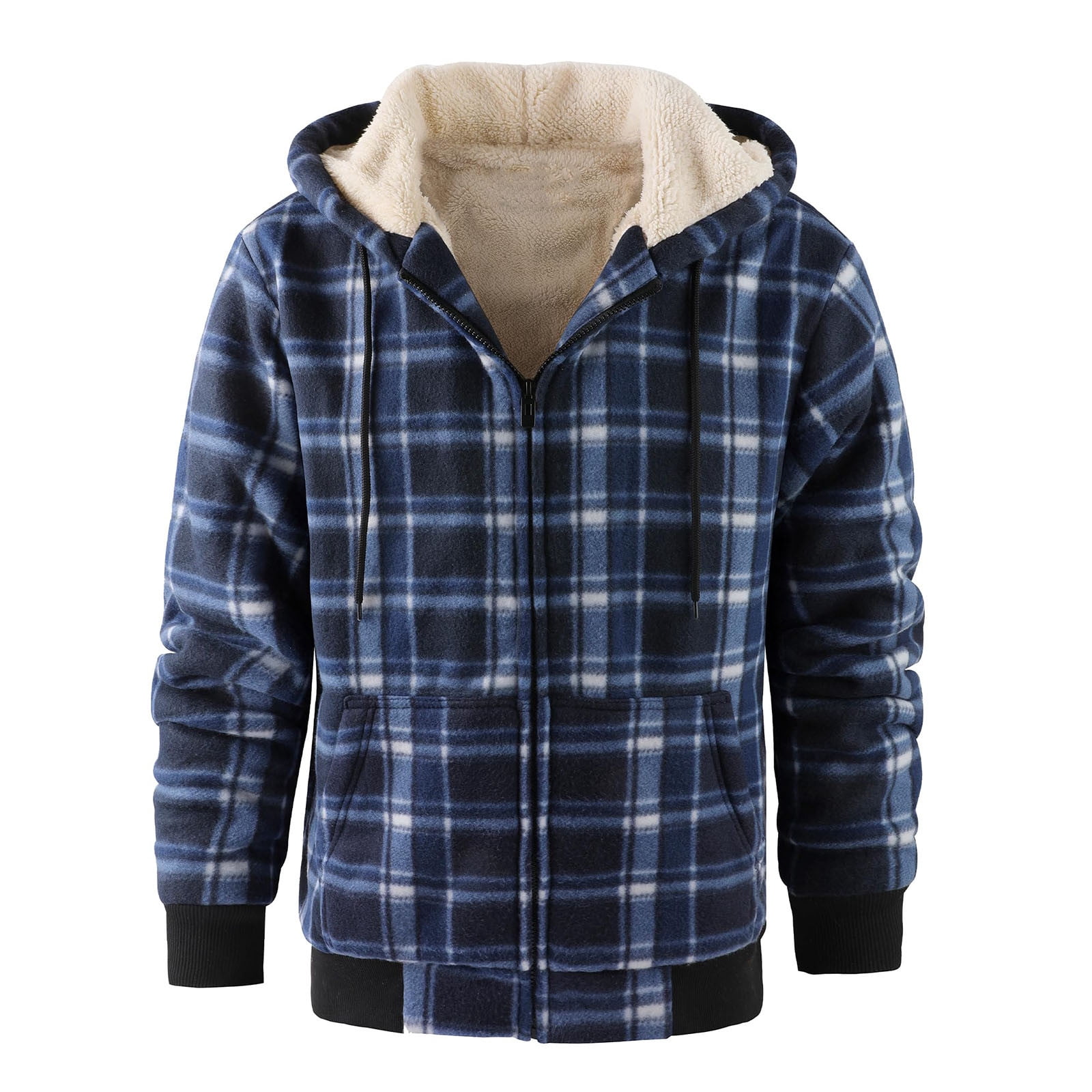 Xcmzpl Mens Sherpa Flannel Shirt Jacket Plaid Fleece Lined Hoodie Full Zip Long Sleeve Warm Winter Coat Vintage Outerwear Pocket for Men