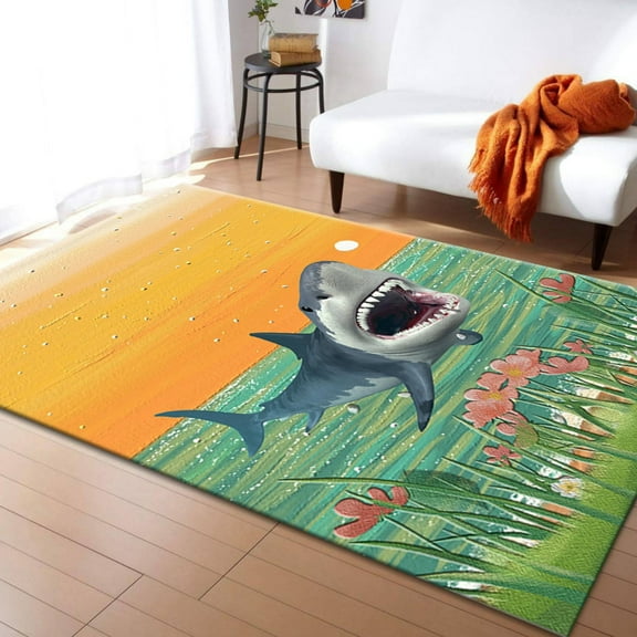 Ocean Theme Area Rug,Romantic Sunset Sea Floral Print Rugs,Underwater World Shark Non-Slip Carpet With Non-Slip Backing Suitable For Kitchen Living Room Bedroom-4x8ft