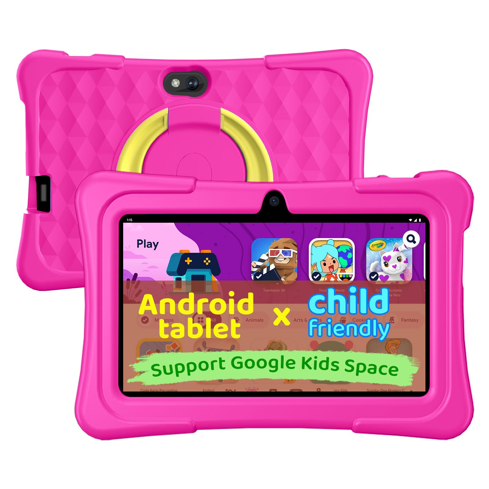 Kids Tablet, 7 inch Android 15 Tablet for Kids, 8GB+32GB 1TB Expand, Quad-Core Toddler Tablets with Shockproof Case, BT5.0, WiFi 5, Parental Control, Games, Dual Camera