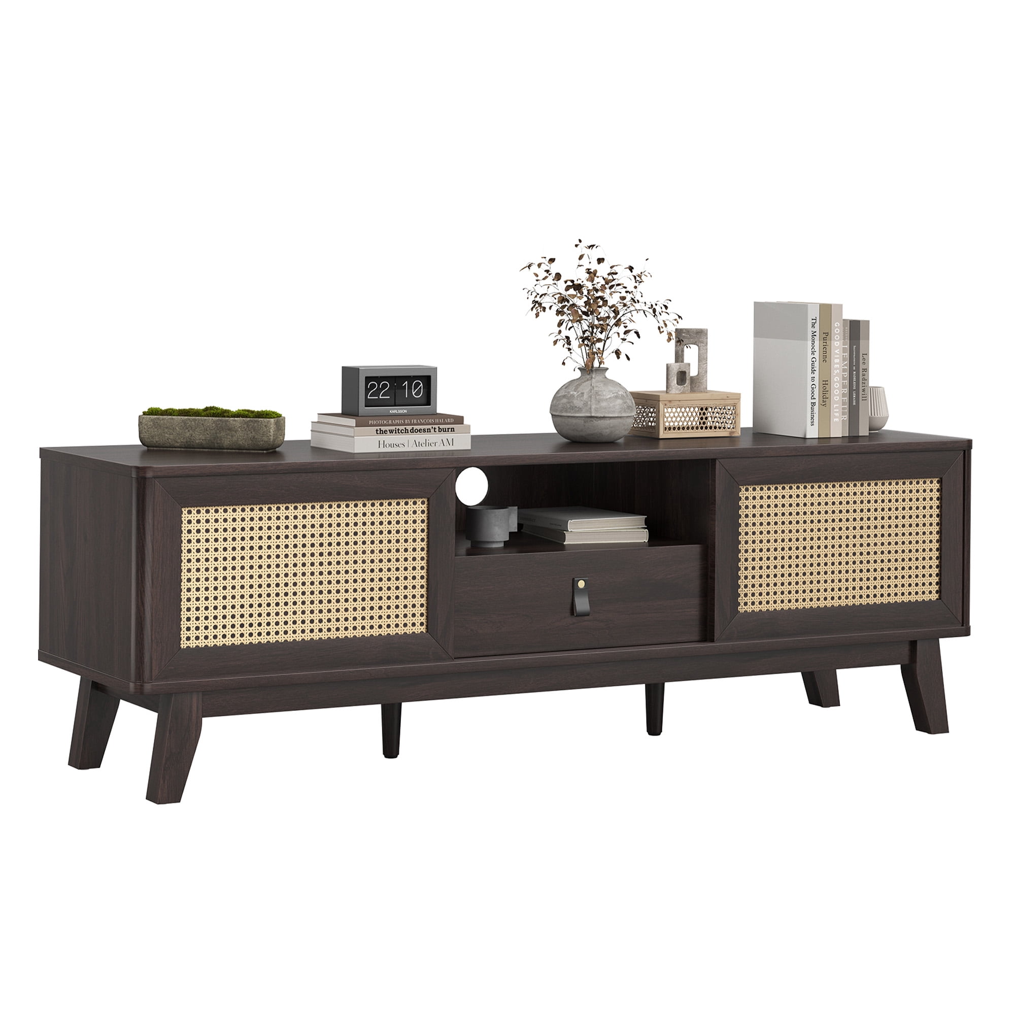 MAYEERTY Walnut 70"Rattan&Wood TV Stand, Boho Media Console with Drawer & 2 Cabinets for Living Room