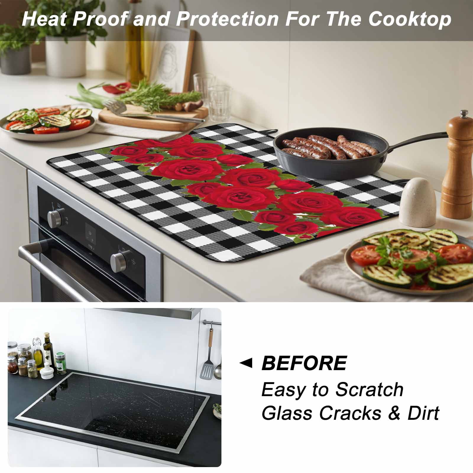Valentine's Day Stove Top Cover for Electric Stove, Heat-proof & Non Slip Glass Top Stove Cover Protector, Red Roses Floral Leaves Buffalo Plaid Kitchen Flat Cooktop Rubber Mat 24x21 Inches