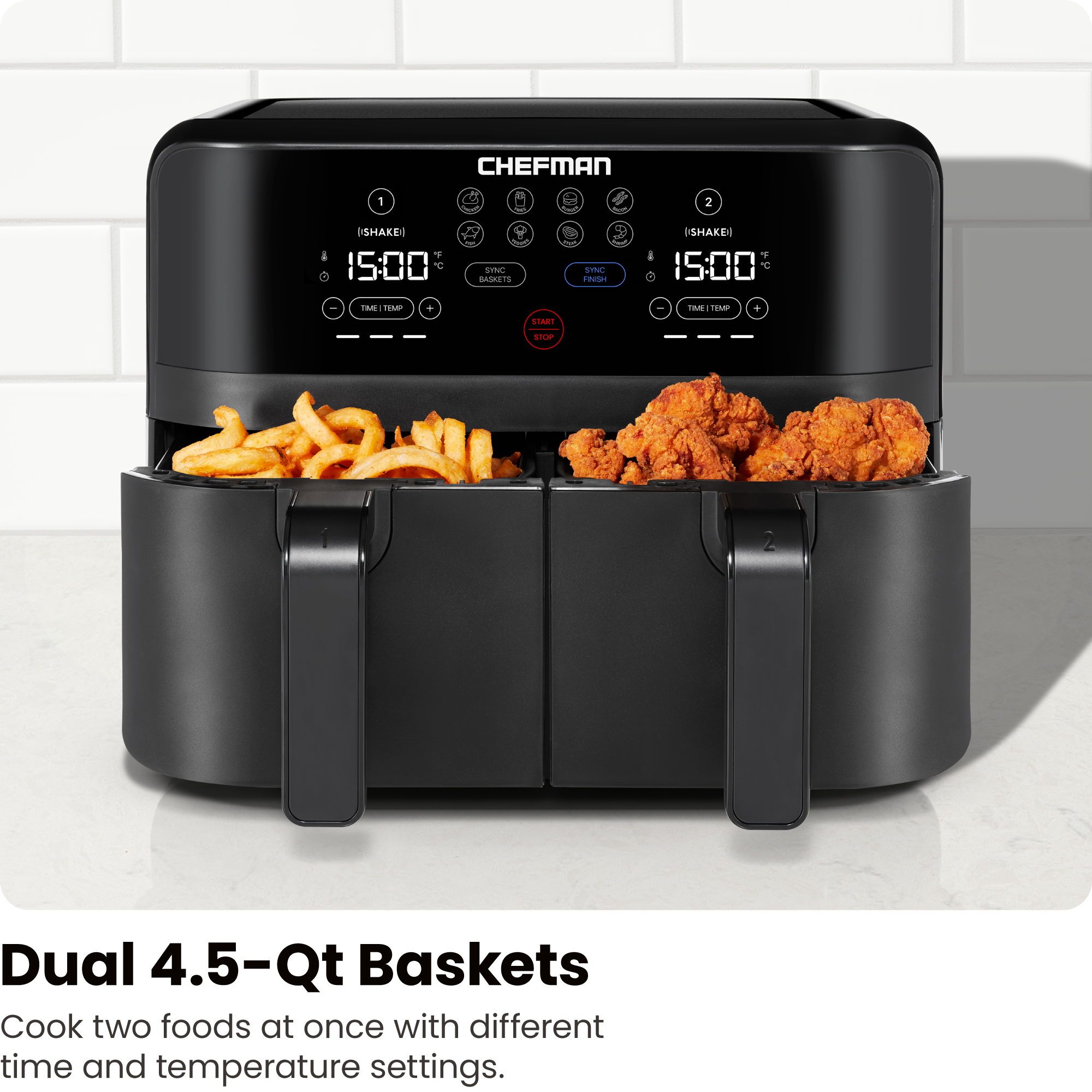 Chefman Turbofry Dual Basket Air Fryer w/ Digital Touch Display, 9 Qt Capacity - Black, New - image 4 of 8