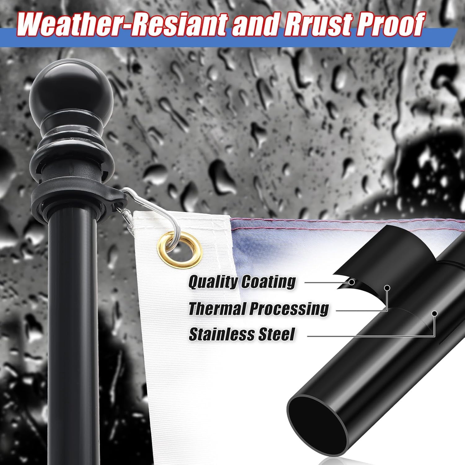 DEROFIT Truck Flag Pole with Mount for Truck Bed, Drilling Free Metal Flagpole for Truck Bed Rail, Pickup, Jeep,6ft (Black）