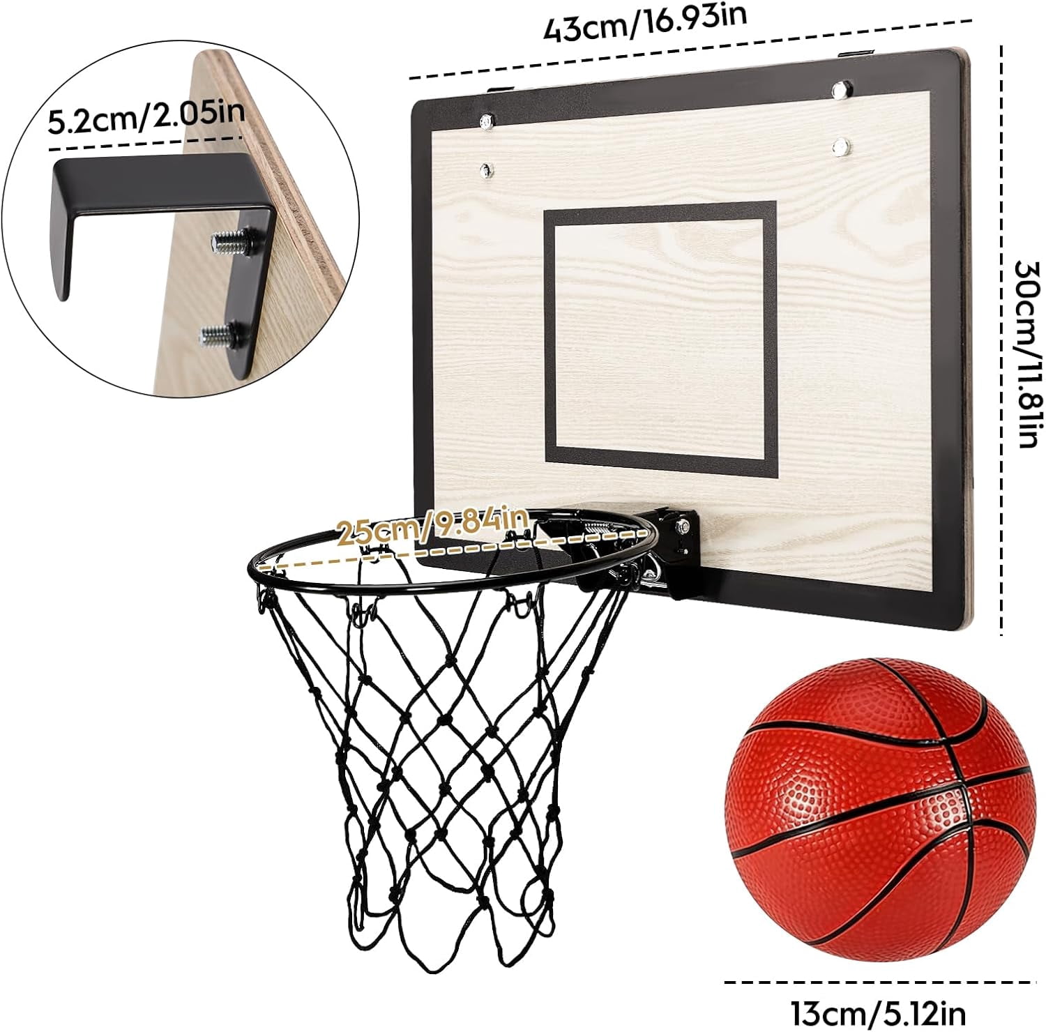 Indoor Mini Basketball Hoop Set for Kids Teens Adults, Wooden Over-The-Door Hoop with 4 Balls and Air Pump