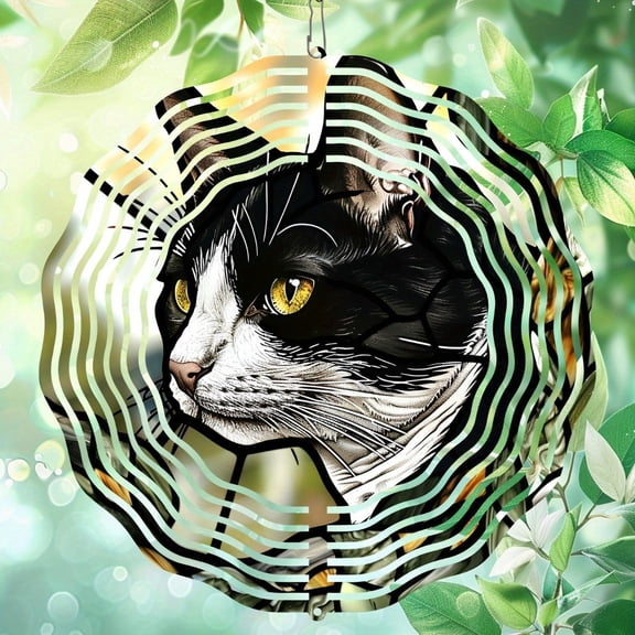 Metal Cat Wind Spinner 3D Kinetic Garden Decor Ornament for Outdoor Patio Yard No Electricity Needed Black White Cat with Leaves
