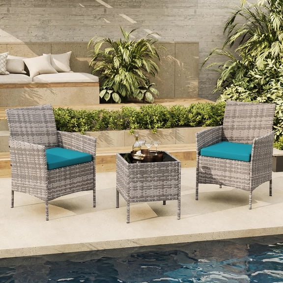 3-Piece Outdoor Furniture Set, PE Rattan Wicker Chairs with Soft Cushions & Tempered Glass Coffee Table, All-Weather Patio Set for Garden Backyard Porch Poolside – Grey & Peacock Blue