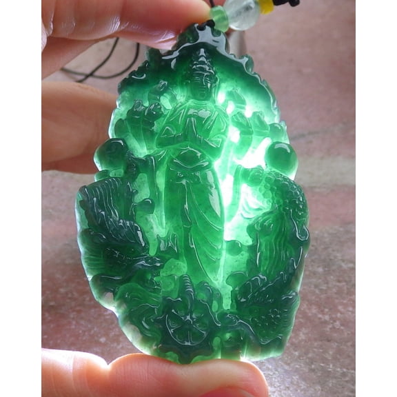 Certified Icy Green Burma 100% Natural A Jade jadeite Pendant 1000 Hand Guanyin Kwan Yin Dragon Necklace 673238 TN