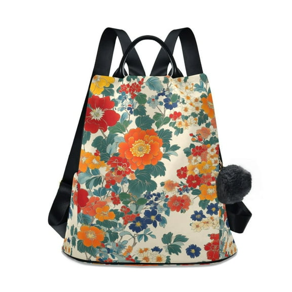 FORMRS Women's Travel Backpack Purse Anti-Theft Hidden Pockets Casual Shoulder Bag, Orange Japanese Flowers Pattern