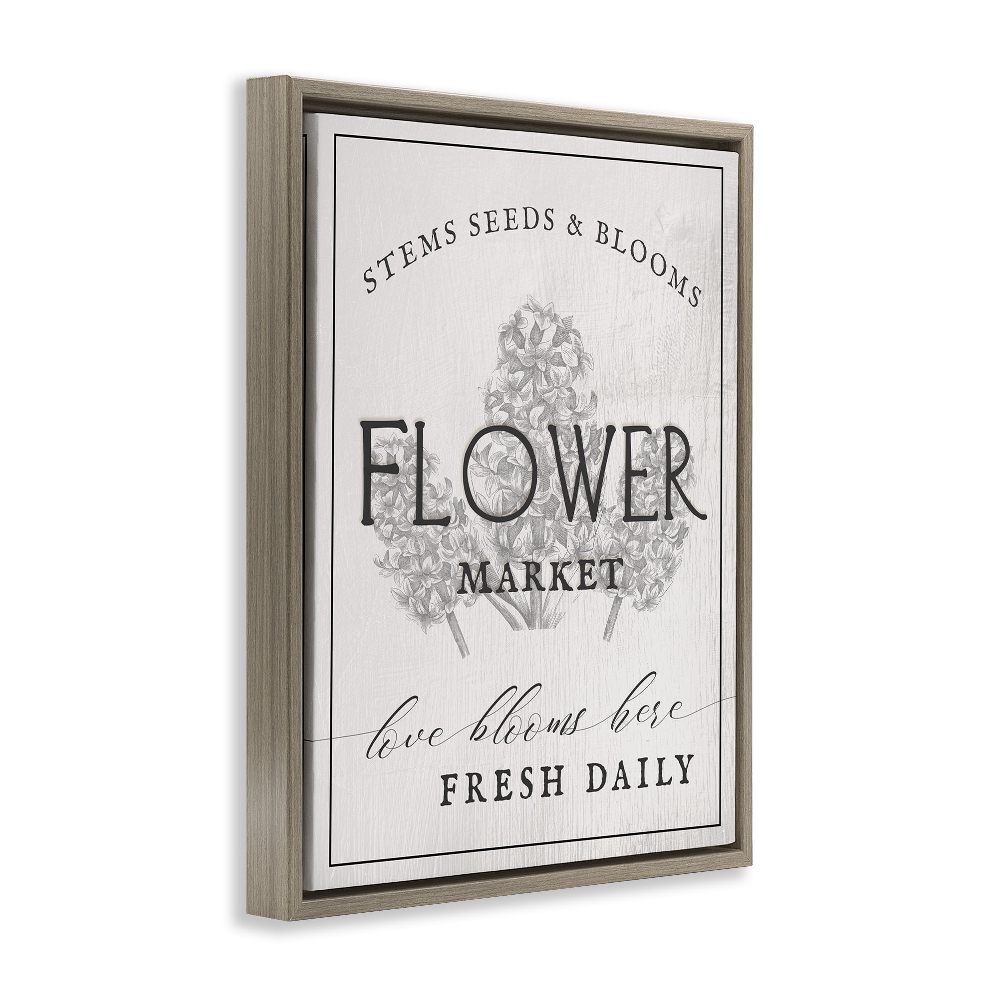 Stupell Industries Flower Blooms Market Typography Painting Brown Floater Framed Canvas Art Print Wall Art, 17 x 21