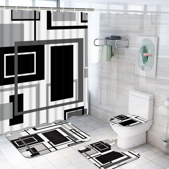FRAMICS Black Geometric Shower Curtain Sets with Rugs, 16 Pc White Modern Abstract Bathroom Sets, Waterproof Fabric Bathroom Curtain Decor with Hooks
