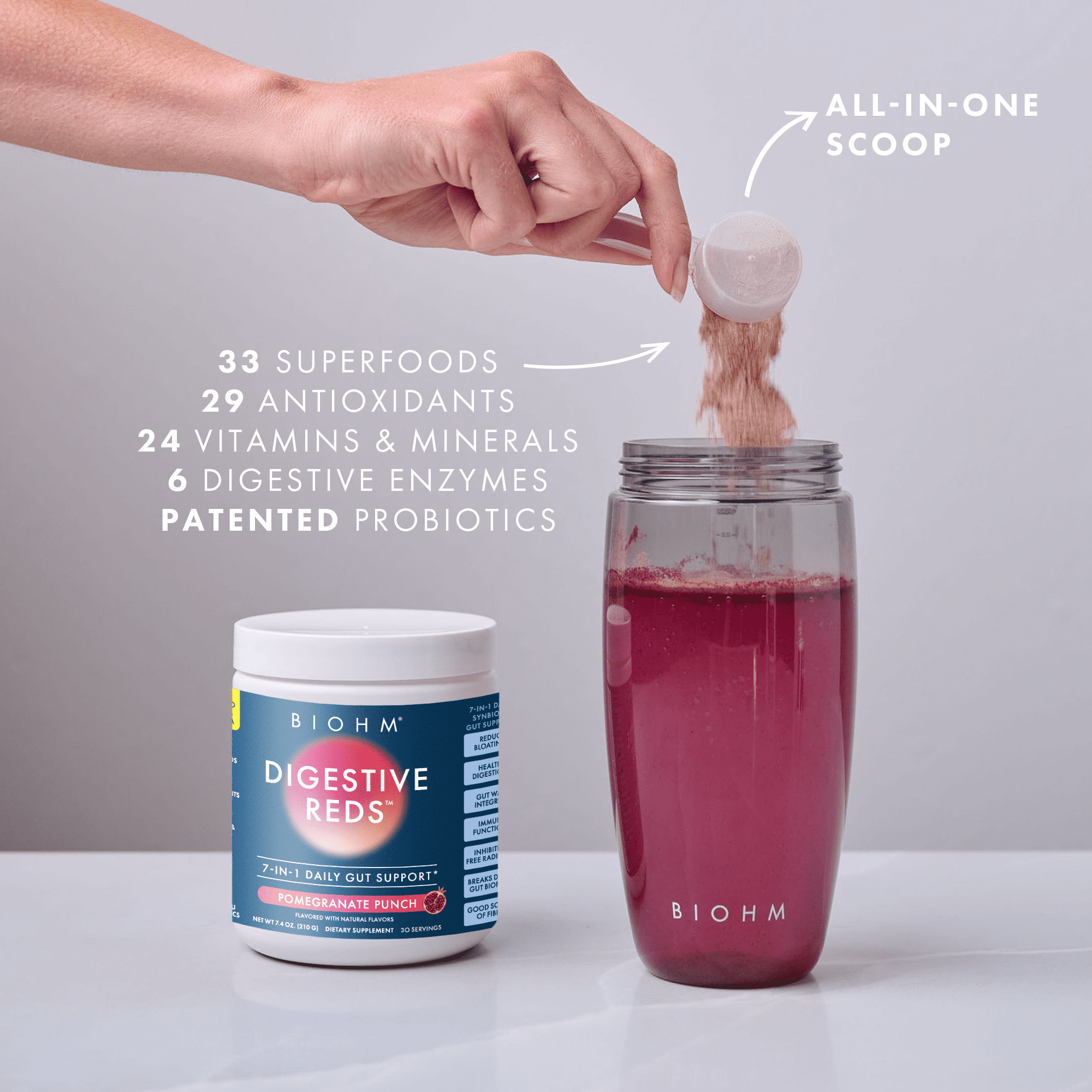 BIOHM Digestive Reds Powder, Probiotics, Red Berry Flavor, 7.4 oz, 30 Servings (Unisex)