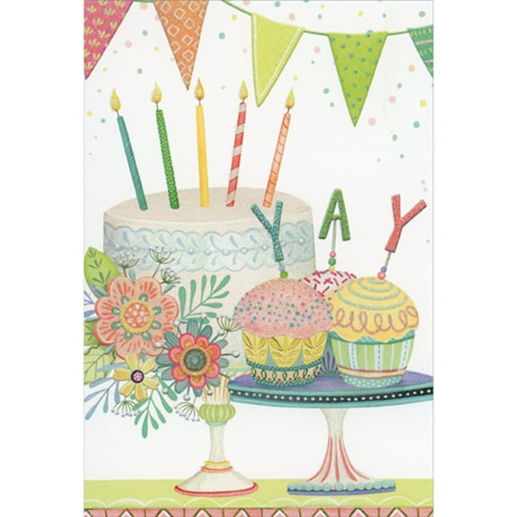 Pictura Cupcakes with Yay Candles on Cake Stand Birthday Card